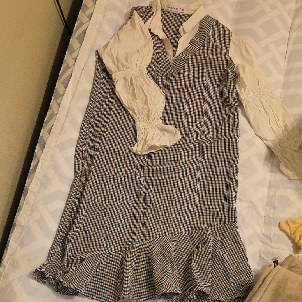 Plaid Ruffle Hem Dress with White Sleeves